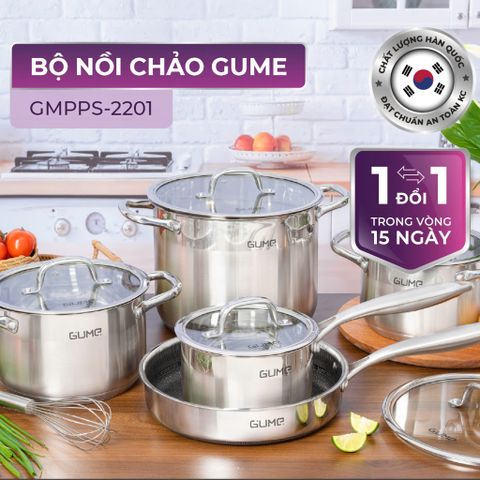  Bộ Nồi Chảo Inox đáy 5 Lớp GMPPS-2201 GUME KOREA - Bảo hành 1 đổi 1 trong 15 ngày (5 sản phẩm) 