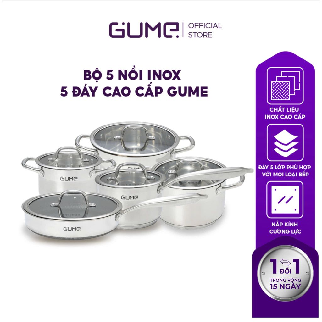 Bộ Nồi Chảo Inox đáy 5 Lớp GMPPS-2201 GUME Hàn Quốc - Bảo hành 1 đổi 1 trong 14 ngày (5 sản phẩm)