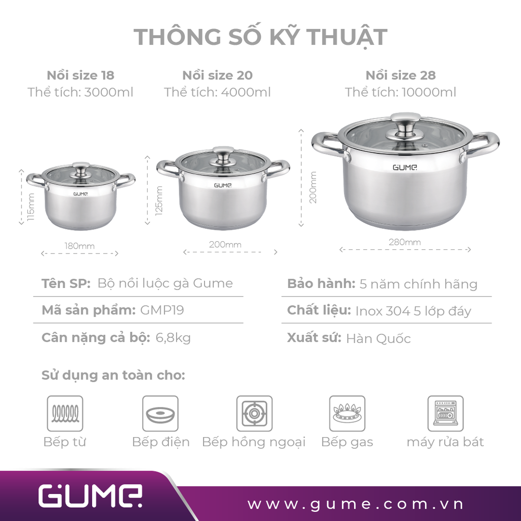 Bộ 3 nồi luộc gà Gume - Hàng chính hãng - Bảo hành 5 năm