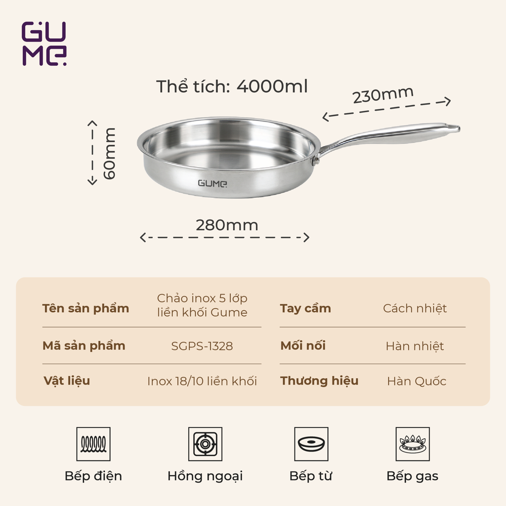 Bộ Chảo Inox 18/10 Nguyên Khối Cao Cấp Gume Hàn Quốc- Bảo hành 1 đổi 1 trong 7 ngày