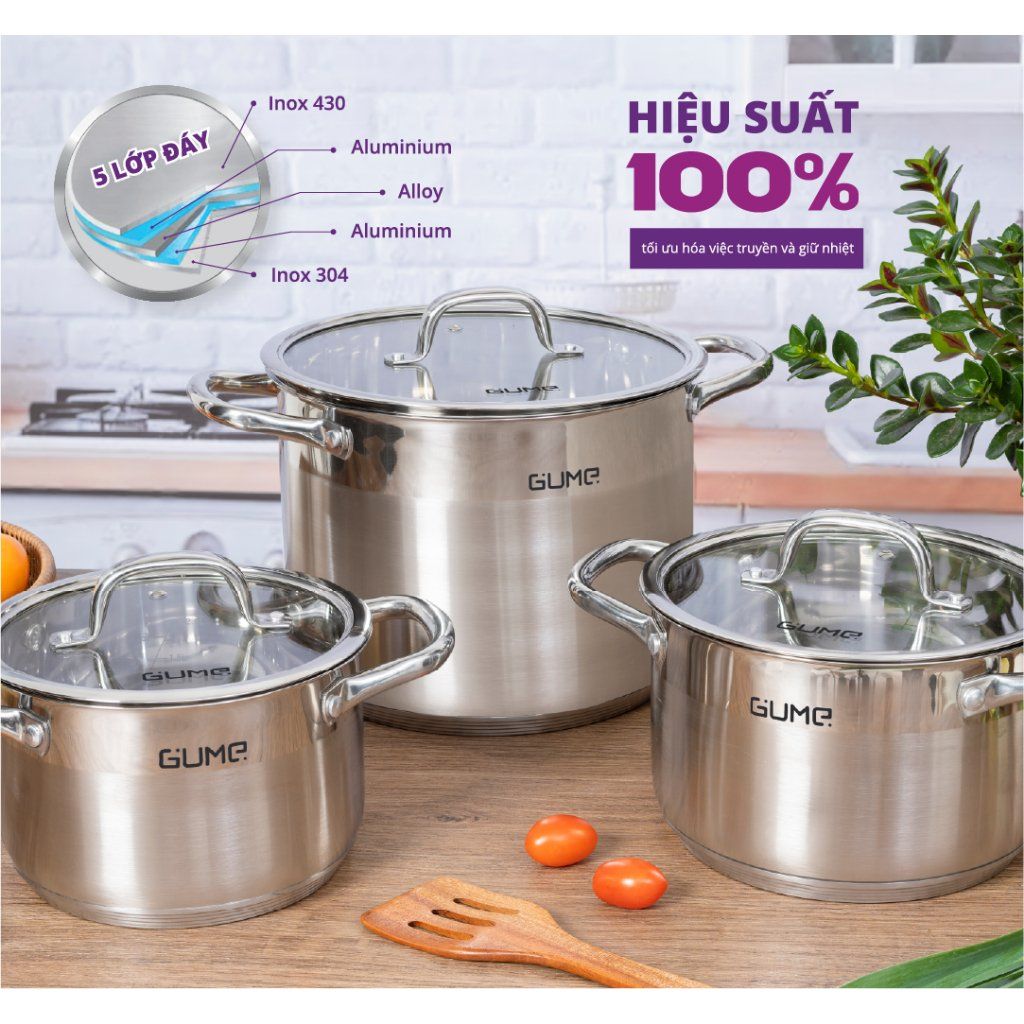 Bộ 3 nồi Inox đáy 5 Lớp GUME Hàn Quốc GMP-20- Bảo hành 1 đổi 1 trong 7 ngày