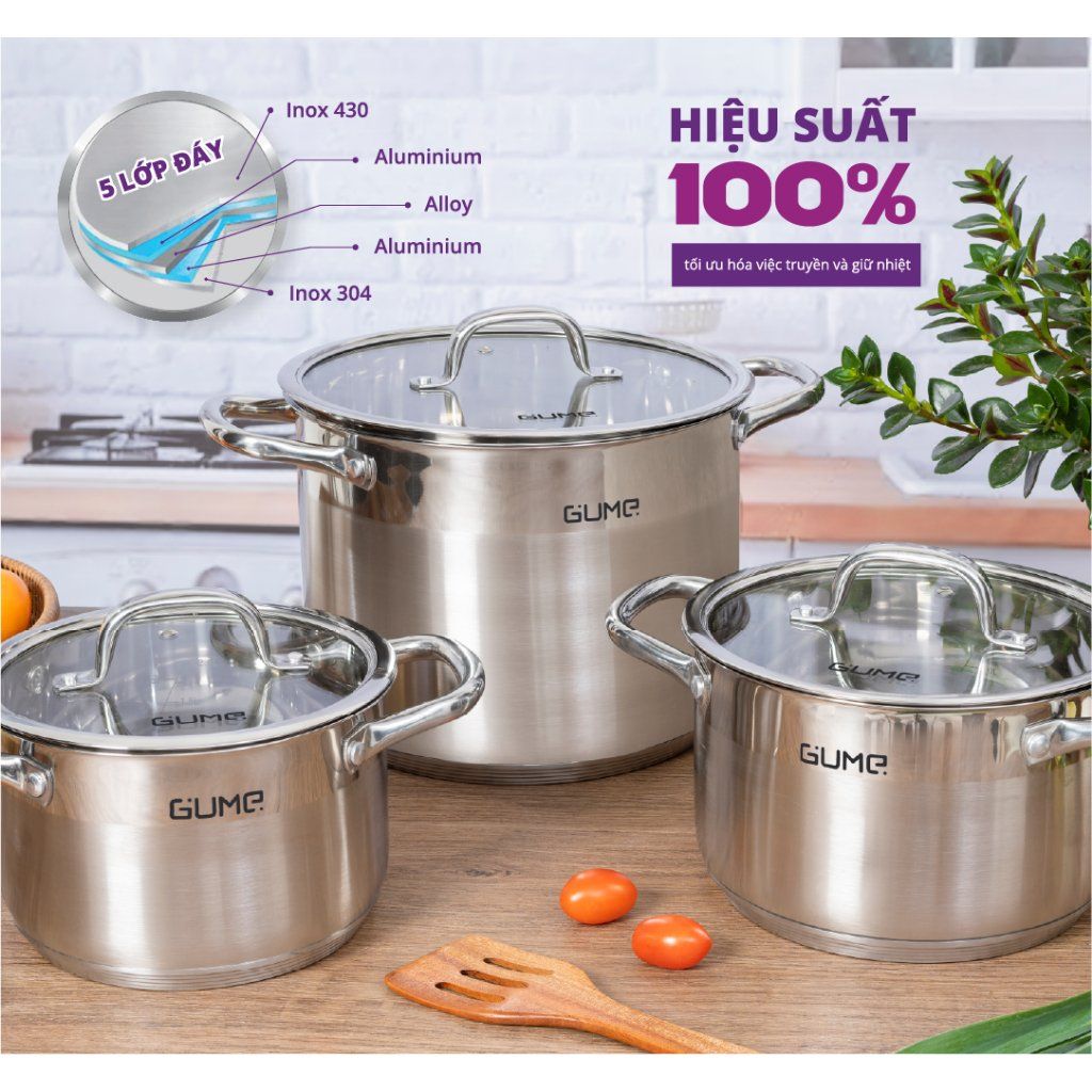 Bộ Nồi 3 Món Gume GMP20 Inox 304 cao cấp - Bảo Hành 5 Năm