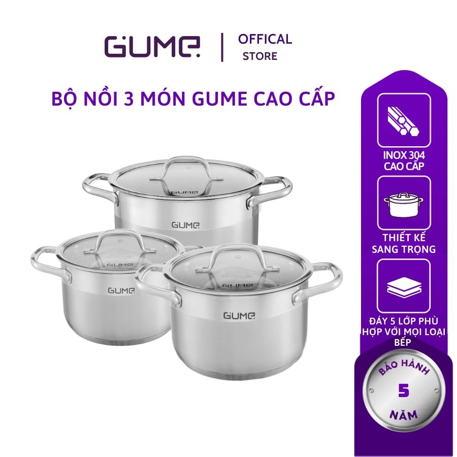 Bộ Nồi 3 Món Gume GMP20 Inox 304 cao cấp - Bảo Hành 5 Năm