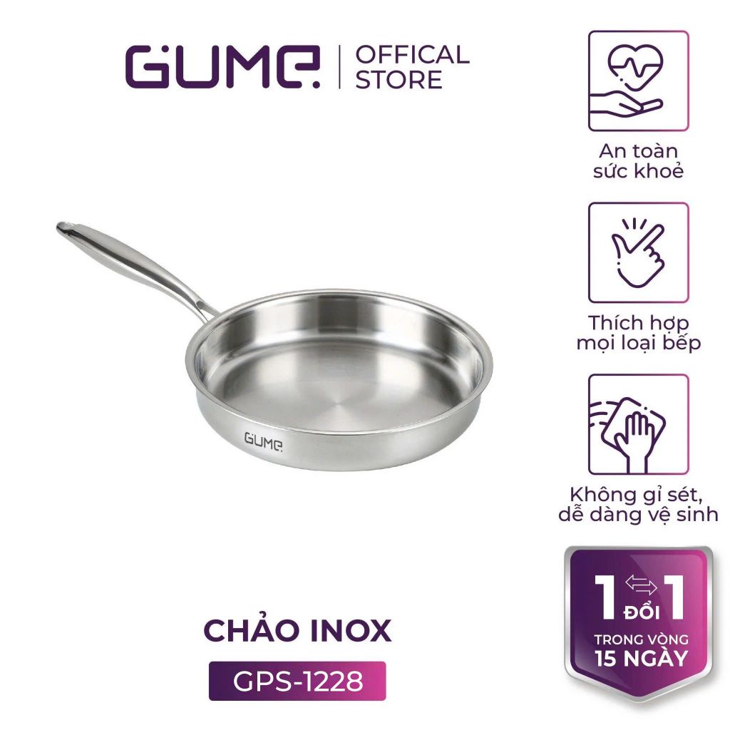 Chảo Inox 5 Lớp Liền Khối 28cm GUME Hàn Quốc-  Bảo hành 1 đổi 1 trong 7 ngày GPS-1228