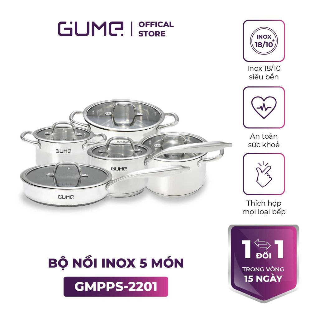 Bộ Nồi Chảo Inox đáy 5 Lớp GMPPS-2201 GUME Hàn Quốc - Bảo hành 1 đổi 1 trong 14 ngày (5 sản phẩm)