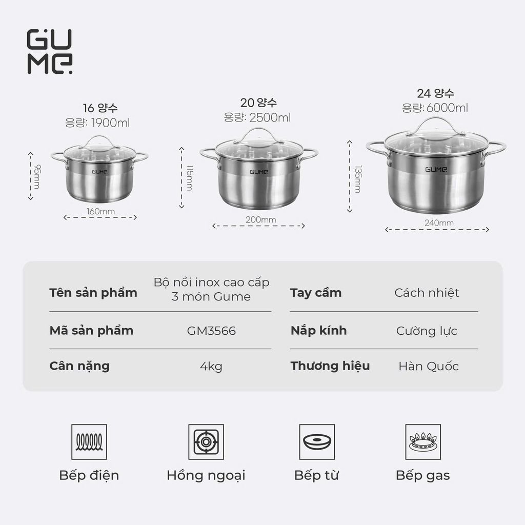 Bộ nồi inox 304 cao cấp Gume Classic GM-3566 sang trọng bền bỉ - Bảo hành 1 đổi 1 trong 15 ngày