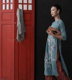  Áo Dài Linen thêu Hoa Mận Trắng 
