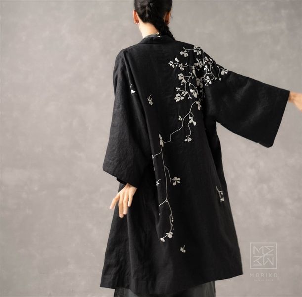  Áo khoác Thi, thêu hoa tuyết (áo khoác linen 2 lớp) 