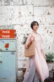  Áo Dài Linen Cổ Tròn Thêu Hoa Trên Vai 