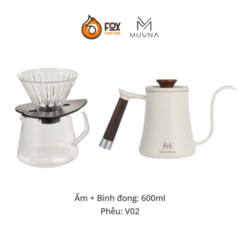 Combo Pha Cà Phê Pour Over Ấm Cổ Ngỗng Trắng, Phễu Nhựa, Bình Đong Cà Phê MUVNA | Combo Kettle, Dripper, Server for Pour Over Coffee