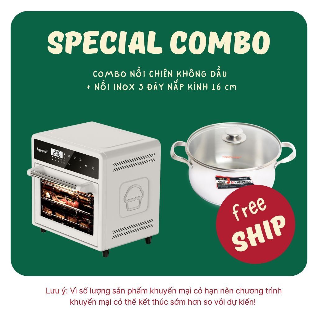 [Combo Sale]  Nồi chiên không dầu lò nướng 12L HAPPYCOOK + NỒI INOX 3 ĐÁY NẮP KÍNH 16cm