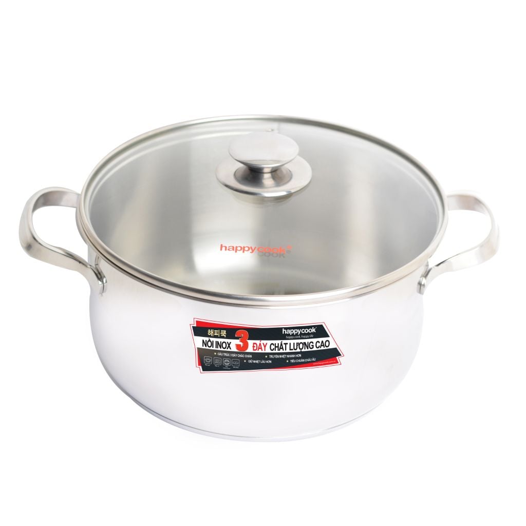 Nồi inox 3 đáy nắp kính 16, 20, 24cm HAPPYCOOK, NMG