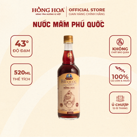  Nước Mắm Phú Quốc Hồng Hoa 43 độ đạm 520ml, Nước Mắm Nhĩ Cá Cơm Truyền Thống 