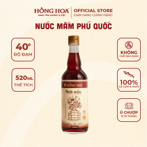  Nước Mắm Phú Quốc Hồng Hoa 40 độ đạm 520ml, Nước Mắm Nhĩ Cá Cơm Truyền Thống 