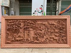 Tranh Gỗ Đồng Quê - Gỗ Hương Đá  - Khung Hoa Văn - Đục Tay- Dày 6cm