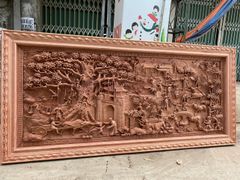 Tranh Gỗ Đồng Quê - Gỗ Hương Đá  - Khung Hoa Văn - Đục Tay- Dày 6cm
