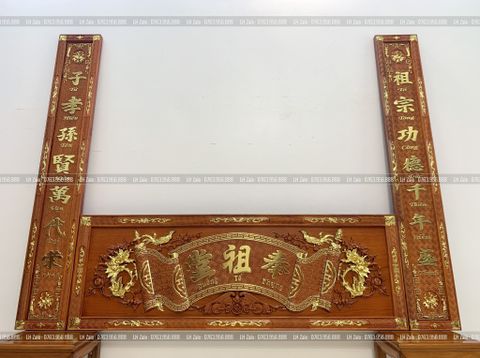 Bộ Hoành Phi Câu Đối Gỗ Hương Đỏ Phụng Tổ Đường Dát Vàng Hoành Phi 197*68*4 - Câu Đối 197*28*4