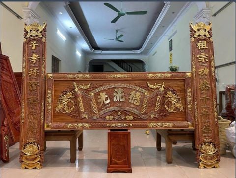Bộ Hoành Phi Câu Đối Gỗ Liền Khối Kích Thước Hoành Phi 197*67*4 - Câu Đối 197*28*4 Gỗ Hương Đá Siêu Vân