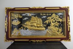 Tranh Thuận Buồm Xuôi Gió Kích Thước 170 x90  Đồng Vàng Nền Đen Dát  - Khung Sồi  Dát Vàng