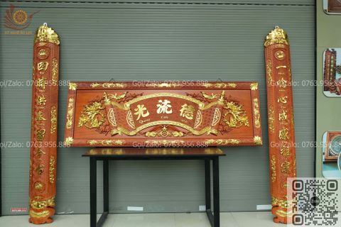 Hoành Phi Câu Đối Gỗ Kích Thước Hoành Phi 197*69*5 - Câu Đối 197*30*4 Lòng Máng Gỗ Hương Đỏ Nguyên Khối