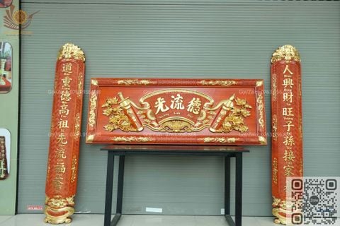 Hoành Phi Câu Đối Gỗ Mai Đào Kích Thước Hoành Phi 197*69*5 - Câu Đối 197*30*4 Lòng Máng Gỗ Hương Đỏ Nguyên Khối