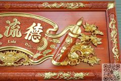 Hoành Phi Câu Đối Gỗ Mai Đào Kích Thước Hoành Phi 197*69*5 - Câu Đối 197*30*4 Lòng Máng Gỗ Hương Đỏ Nguyên Khối