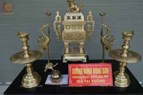 Bộ Ngũ Sự Bằng Đồng Vàng Song Long Chầu Nguyệt- Đỉnh Vuông - Cao 60cm