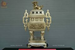 Bộ Ngũ Sự Bằng Đồng Vàng Song Long Chầu Nguyệt- Đỉnh Vuông - Cao 60cm