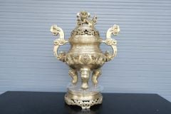 Đỉnh Đồng Ngũ Sự Bằng Đồng Vàng Song Long Chầu Nguyệt Cao 60 Cm Chữ Việt