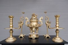 Bộ Ngũ Sự Bằng Đồng Vàng Cao 60 Rồng Vàng Mộc +Bình sen đồng