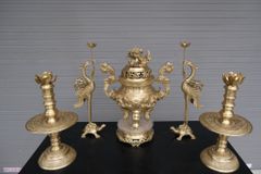 Bộ Ngũ Sự Bằng Đồng Vàng Cao 60 Rồng Vàng Mộc + Đôi Đèn 43 Vàng Mộc