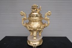 Bộ Ngũ Sự Bằng Đồng Vàng Cao 60 Rồng Vàng Mộc +Bình sen đồng