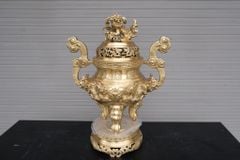 Bộ Ngũ Sự Bằng Đồng Vàng Cao 60 Rồng Vàng Mộc + Ngai 5 Chén + Ấm Rượu Cao 20cm