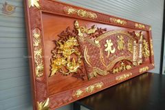 Bộ Hoành Phi Câu Đối Gỗ Liền Khối Kích Thước Hoành Phi 197*67*4 - Câu Đối 197*28*4 Gỗ Hương Đá Siêu Vân