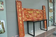 Bộ Hoành Phi Câu Đối Gỗ Hương Đỏ Song Long  Chầu Mặt Nguyệt Hoành Phi 155*61*4 - Câu Đối 155*28*4