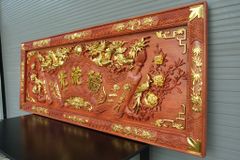 Bộ Hoành Phi Câu Đối Gỗ Hương Đỏ Song Long  Chầu Mặt Nguyệt Hoành Phi 175*67*4 - Câu Đối 175*28*4