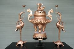 Bộ Ngũ Sự Bằng Đồng Đỏ Cao 70cm + Mâm Bồng 35cm Song Long Chầu Mặt Nguyệt Đồng Đỏ Mộc
