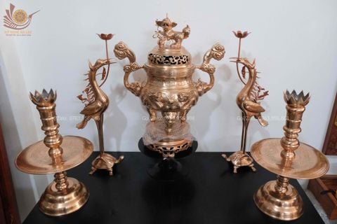 Bộ Ngũ Sự Bằng Đồng Đỏ Cao 60 Song Long Chầu Mặt Nguyệt Đồng Đỏ Mộc