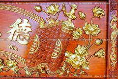 Bộ Hoành Phi Câu Đối Gỗ Hương Đỏ Đức Lưu Quang Hoa Sen Nguyên Khối Dát Vàng Hoành Phi 175*67*4 - Câu Đối 175*28*4