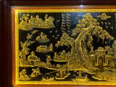 Tranh Đồng Quê Kích Thước 170 x 90- Đồng Vàng Nền Đen Dát Vàng - Khung Gỗ Sồi Nga, Đục Trơn