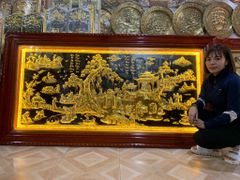 Tranh Đồng Quê Kích Thước 170 x 90- Đồng Vàng Nền Đen Dát Vàng - Khung Gỗ Sồi Nga, Đục Trơn