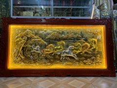 Tranh Mã Đáo Thành Công Kích Thước 230 x120  Đồng Vàng Xước Dát Vàng - Khung Sồi Đục Hoa Văn