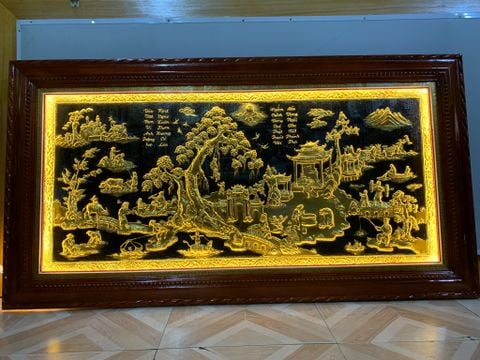 Tranh Đồng Quê Kích Thước 230 x120- Đồng Vàng Nền Đen Dát Vàng - Khung Gỗ Sồi Nga, Đục Trơn