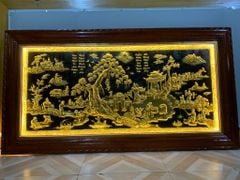 Tranh Đồng Quê Kích Thước 230 x120- Đồng Vàng Nền Đen Dát Vàng - Khung Gỗ Sồi Nga, Đục Trơn