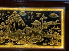 Tranh Đồng Quê Kích Thước 230 x120- Đồng Vàng Nền Đen Dát Vàng - Khung Gỗ Sồi Nga, Đục Trơn