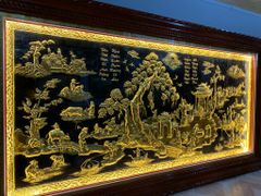 Tranh Đồng Quê Kích Thước 230 x120- Đồng Vàng Nền Đen Dát Vàng - Khung Gỗ Sồi Nga, Đục Trơn