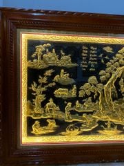 Tranh Đồng Quê Kích Thước 230 x120- Đồng Vàng Nền Đen Dát Vàng - Khung Gỗ Sồi Nga, Đục Trơn