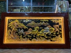 Tranh Mã Đáo Thành Công Kích Thước 230 x120  Đồng Đỏ Nền Đen Dát Vàng - Khung Sồi Đục Hoa Văn