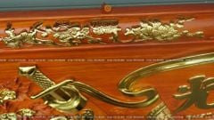 Bộ Hoành Phi Câu Đối Gỗ Hương Đỏ Đức Lưu Quang Tích Mai Đào Dát Vàng Hoành Phi 175*67*4 - Câu Đối 175*28*4