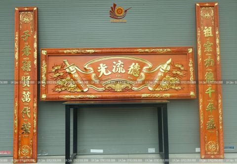 Bộ Hoành Phi Câu Đối Gỗ Hương Đỏ Đức Lưu Quang Tích Mai Đào Dát Vàng Hoành Phi 175*67*4 - Câu Đối 175*28*4